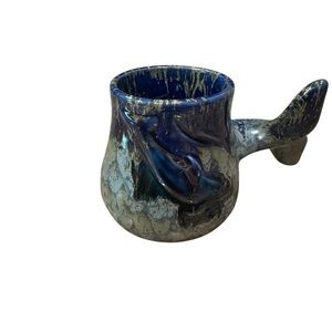 Oceanic Blue Ceramic Mug with Fish Tail Handle and Dolphin Inside